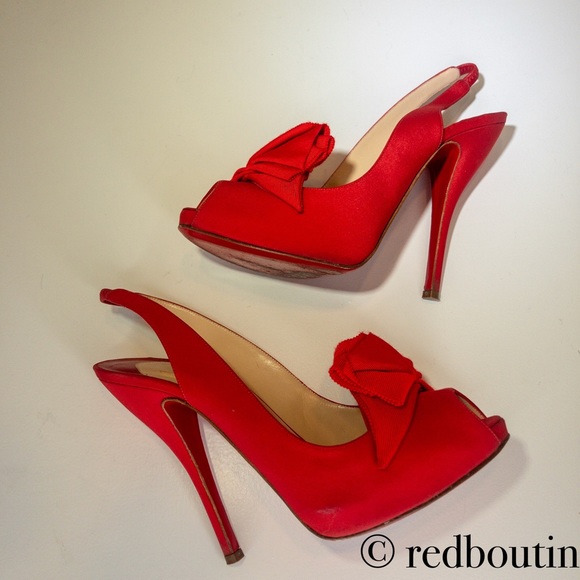 👠SOLD👠 RED SATIN LADY BOW PEEPTOE SLINGBACK 120 - Picture 7 of 8